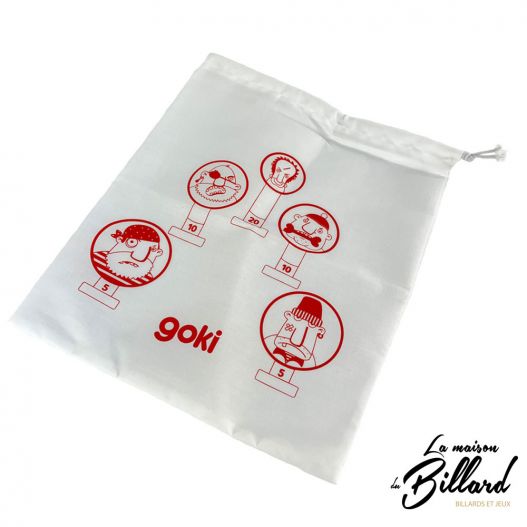 Sac de rangement blanc avec cordon du jeu Goki, imprimé en rouge avec les personnages pirates et leur valeur en points.