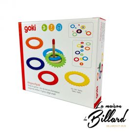 Vue latérale de la boîte du jeu de lancer Goki, avec présentation du contenu et tranches colorées.