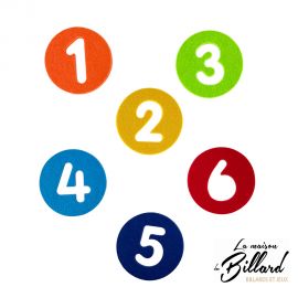 Disques ronds en feutrine numérotés de 1 à 6, chacun d'une couleur différente.