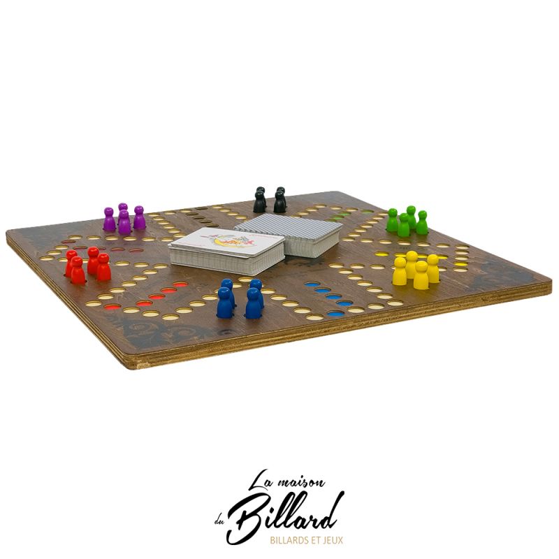 Plateau de Tock en bois recto verso pour 4 à 6 joueurs avec pions colorés.