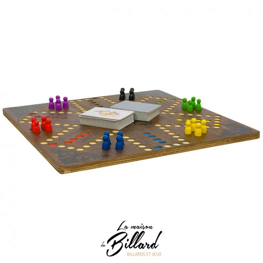 Plateau de Tock en bois recto verso pour 4 à 6 joueurs avec pions colorés.