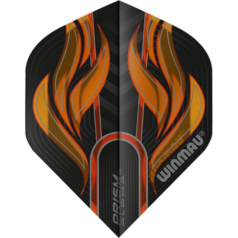 Flight de fléchette Winmau Prism Alpha avec motif de flammes orange sur fond noir.