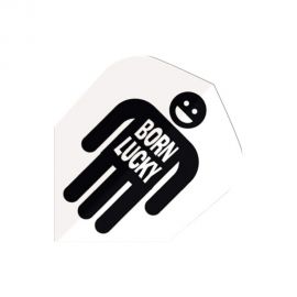 Flight de fléchette Harrows Quadro blanc avec silhouette noire souriante et texte 'Born Lucky'.
