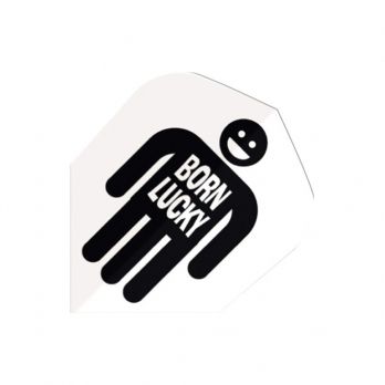 Flight de fléchette Harrows Quadro blanc avec silhouette noire souriante et texte 'Born Lucky'.