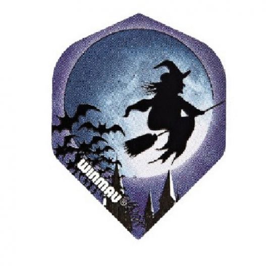 Flight de fléchette Winmau avec silhouette de sorcière sur un balai volant devant une pleine lune, accompagné de chauves-souris.