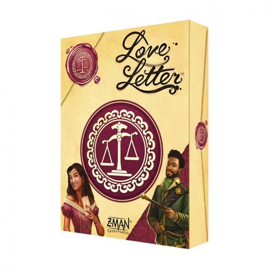 Boîte du jeu Love Letter vue arrière avec le logo de la balance et deux personnages illustrés.