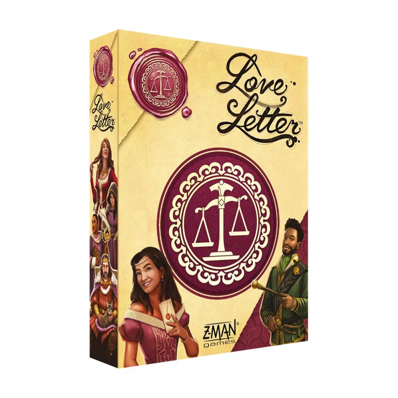 Boîte du jeu Love Letter vue avant avec le logo de la balance et plusieurs personnages illustrés sur les côtés.