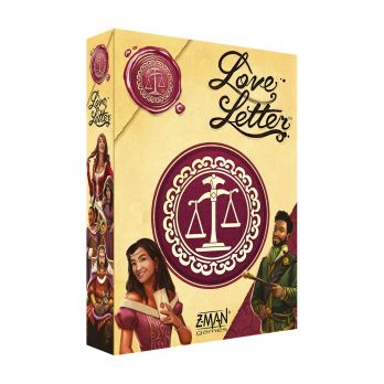 Boîte du jeu Love Letter vue avant avec le logo de la balance et plusieurs personnages illustrés sur les côtés.