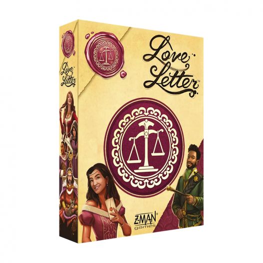 Boîte du jeu Love Letter vue avant avec le logo de la balance et plusieurs personnages illustrés sur les côtés.