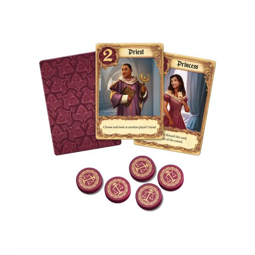 Contenu du jeu Love Letter avec cartes personnages, dos de cartes et jetons rouges à motif de balance.