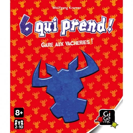 Boîte du jeu 6 qui prend ! en gros plan sur fond rouge avec silhouette de tête de taureau bleue