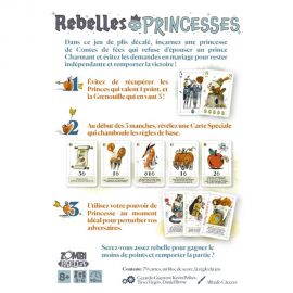 Dos de la boîte du jeu Rebelles Princesses avec résumé des règles et exemples de cartes spéciales.