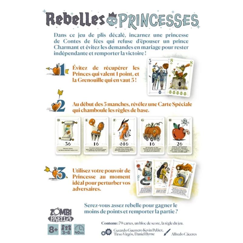 Dos de la boîte du jeu Rebelles Princesses avec résumé des règles et exemples de cartes spéciales.