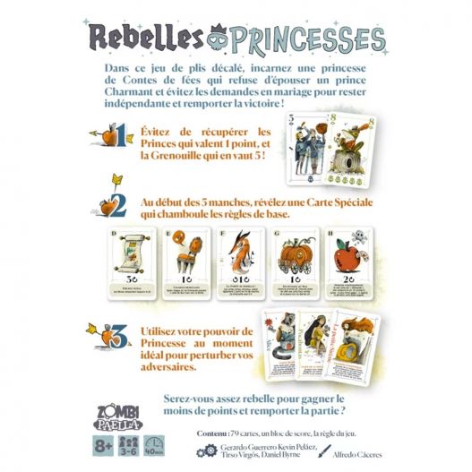 Dos de la boîte du jeu Rebelles Princesses avec résumé des règles et exemples de cartes spéciales.