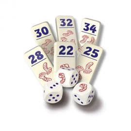 Dominos numérotés et dés du jeu Pickomino, avec des dessins de vers rouges.