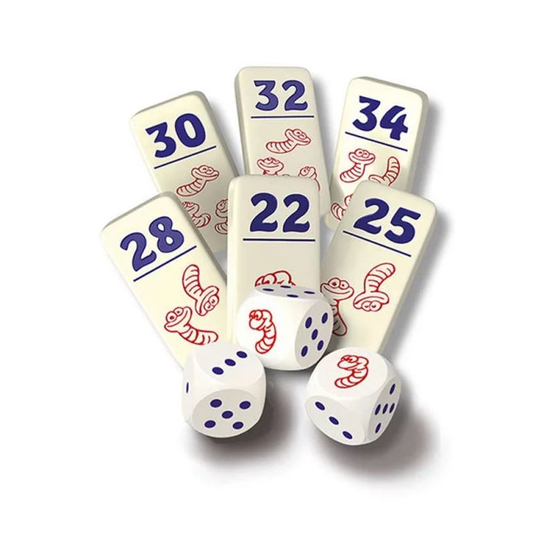 Dominos numérotés et dés du jeu Pickomino, avec des dessins de vers rouges.
