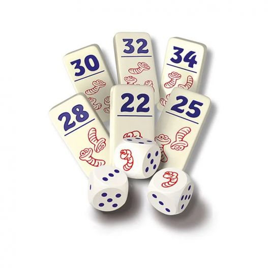 Dominos numérotés et dés du jeu Pickomino, avec des dessins de vers rouges.