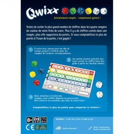 Verso de la boîte du jeu Qwixx présentant les règles et le contenu.