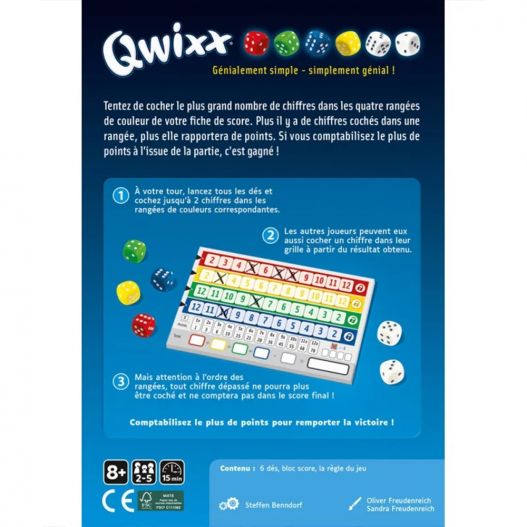 Verso de la boîte du jeu Qwixx présentant les règles et le contenu.