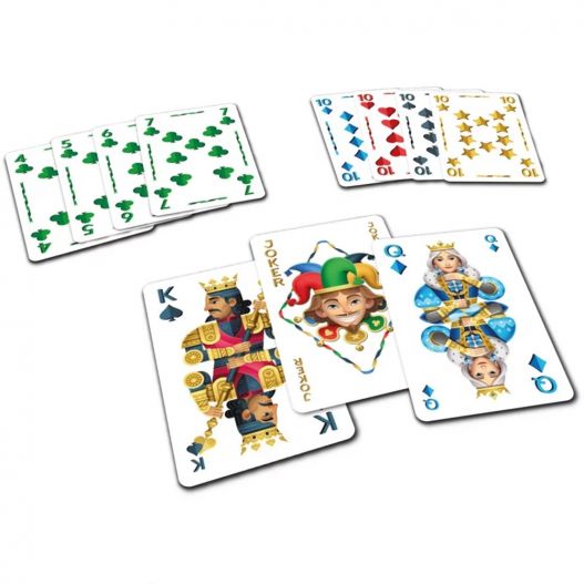 Cartes du jeu Les Cinq Rois étalées, comprenant des suites, des familles et un joker multicolore.