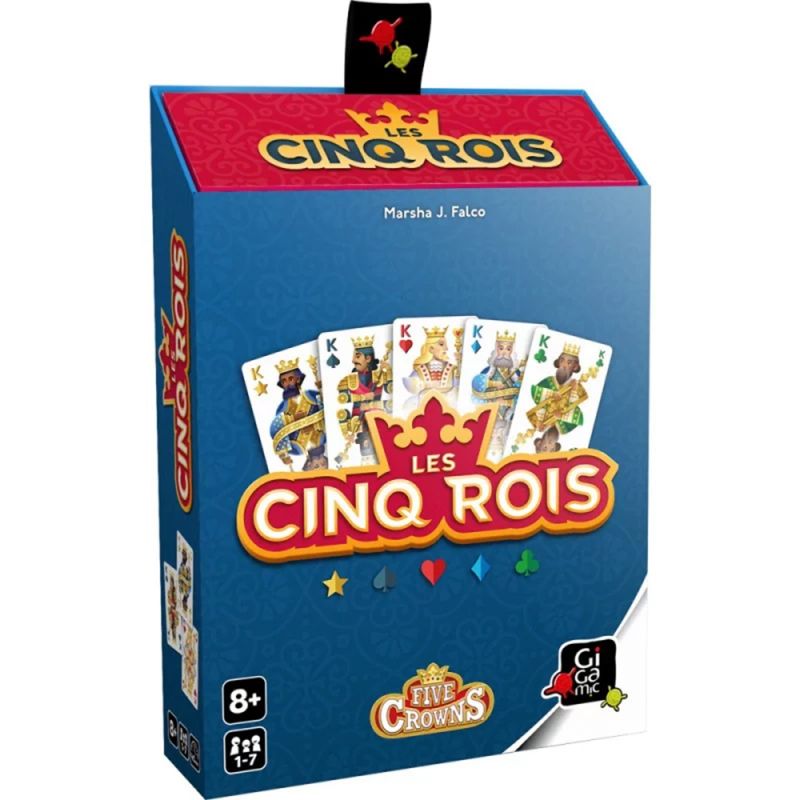 Boîte du jeu de cartes Les Cinq Rois, édité par Gigamic, avec cinq rois de couleurs différentes illustrés sur le devant.