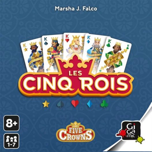 Couverture du jeu Les Cinq Rois avec le logo Five Crowns, cinq rois colorés et les symboles des différentes couleurs.