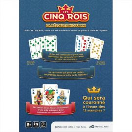 Dos de la boîte Les Cinq Rois présentant les règles, les objectifs du jeu et des exemples de combinaisons de cartes.