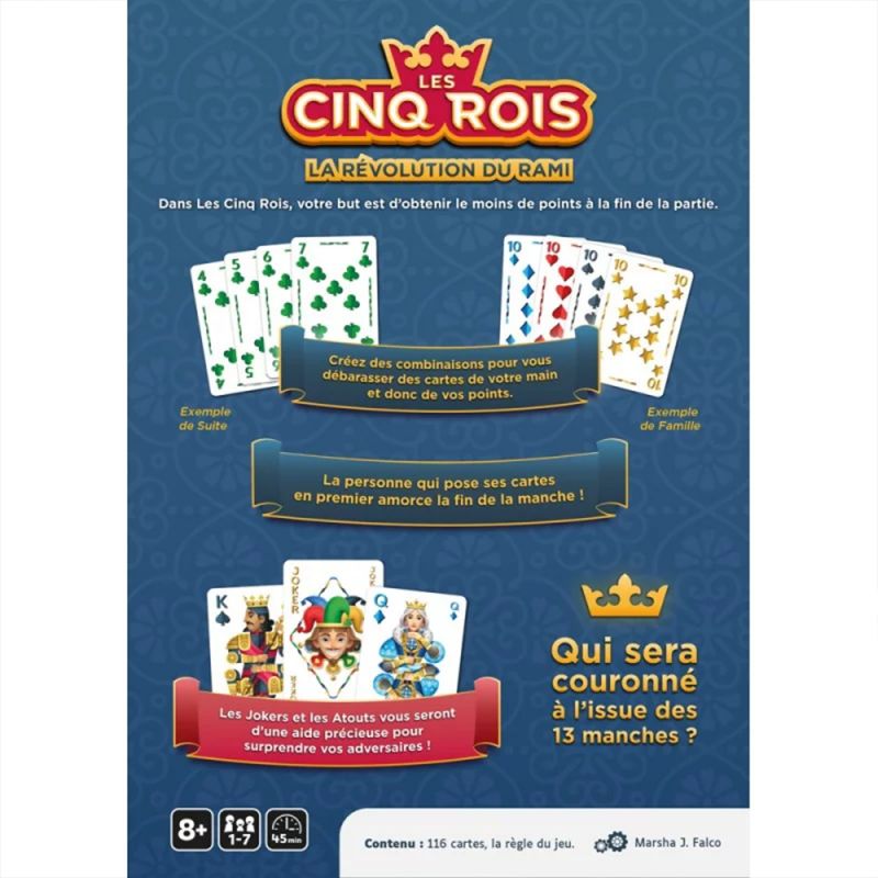 Dos de la boîte Les Cinq Rois présentant les règles, les objectifs du jeu et des exemples de combinaisons de cartes.