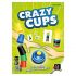 Illustration du jeu Crazy Cups avec des mains, des gobelets empilés et une sonnette au centre.