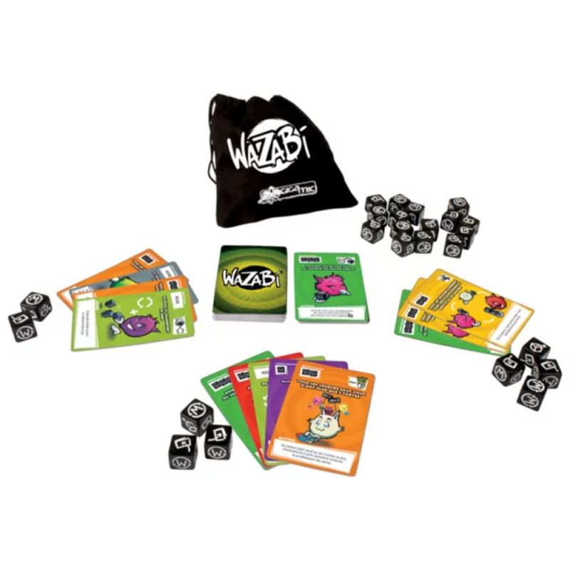 Contenu du jeu Wazabi avec cartes colorées, dés noirs et sac de rangement en tissu noir.