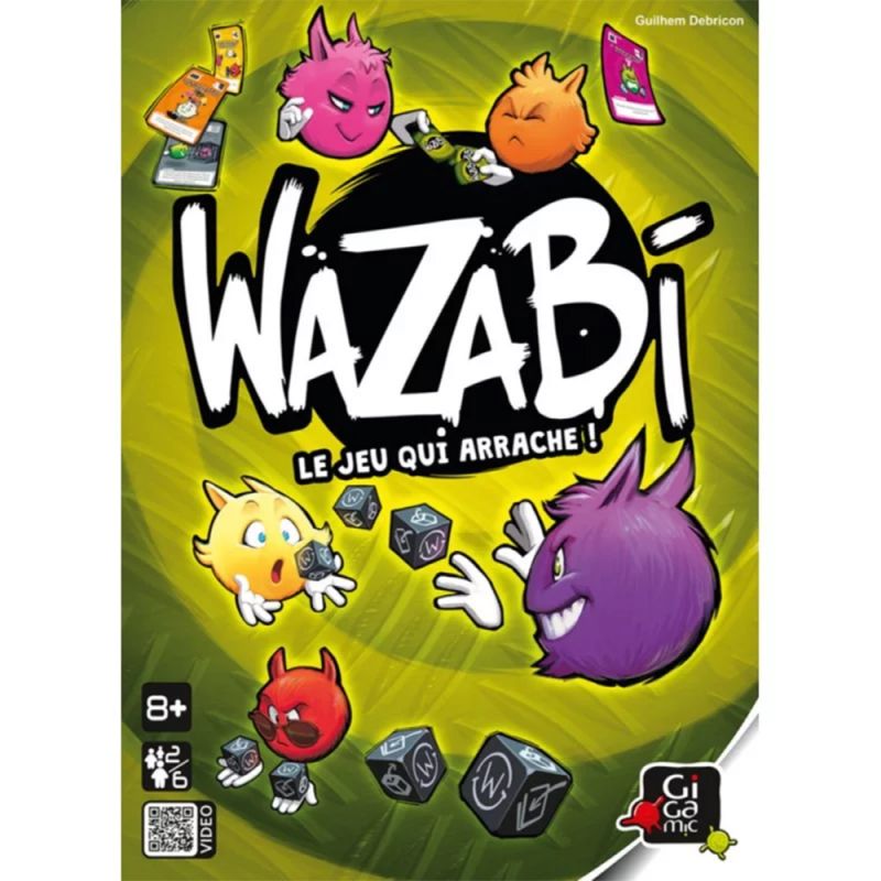 Illustration de couverture du jeu Wazabi avec des personnages colorés et des dés en action.