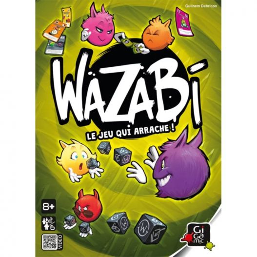Illustration de couverture du jeu Wazabi avec des personnages colorés et des dés en action.