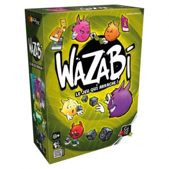 Photo de la boîte du jeu Wazabi avec des personnages illustrés et le slogan 'Le jeu qui arrache !'