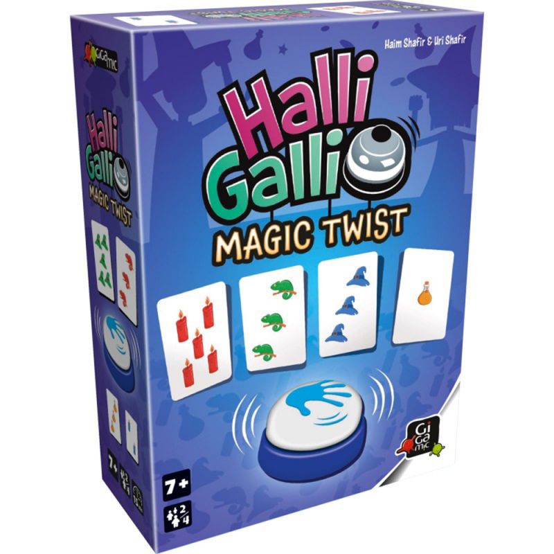 Boîte du jeu Halli Galli Magic Twist avec illustrations de cartes et sonnette au centre.
