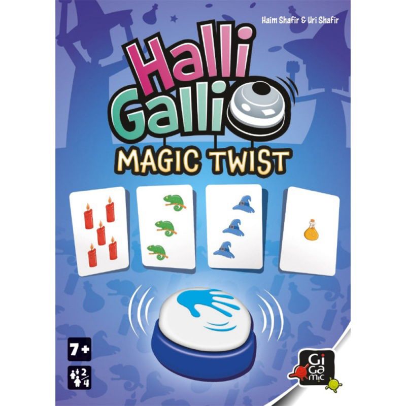 Illustration de couverture du jeu Halli Galli Magic Twist avec cartes et sonnette sur fond bleu magique.