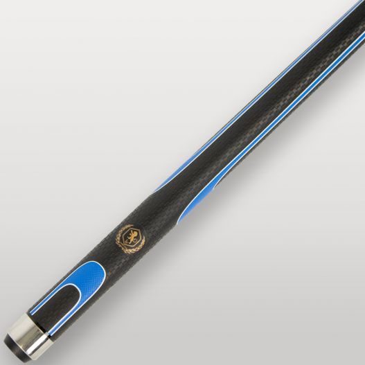 Logo doré Lord-Cue sur le talon noir de la queue de billard Xtrem Shot Bleue