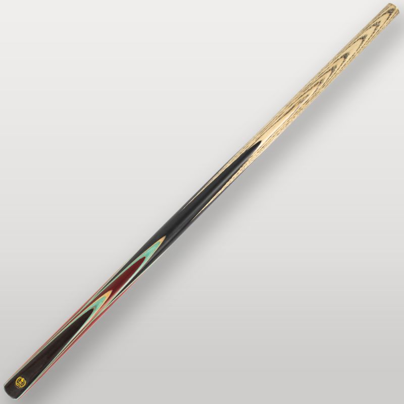 Vue arrière de la queue de billard Lord-Cue Aston F450 mettant en avant les motifs en bois noir et naturel.