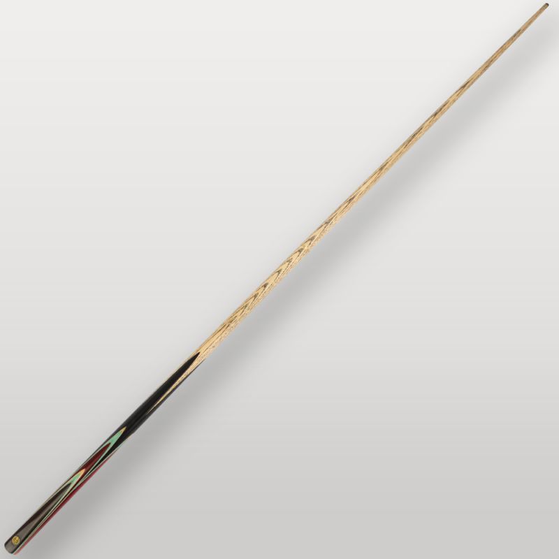 Queue de billard Lord-Cue Aston F450 vue complète sur fond clair, avec fût noir et détails multicolores.