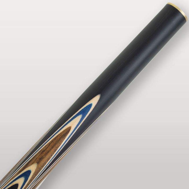 Détail du fût de la queue de billard Lord Cue Aston Blue Zebrano, motifs bois zébré et incrustations bleues.