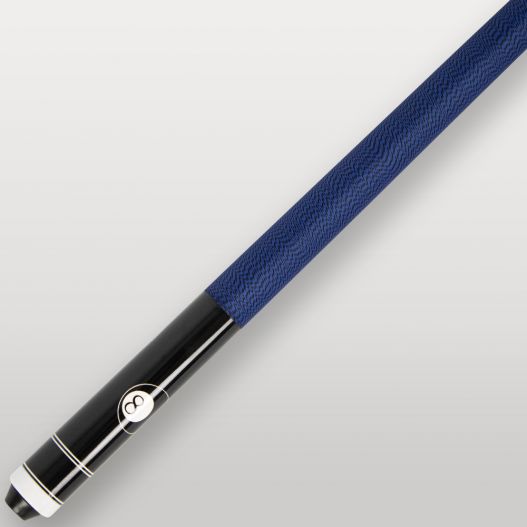 Détail du talon de la queue mixtes 2 pièces bleue, design sobre avec logo 8 noir et blanc.