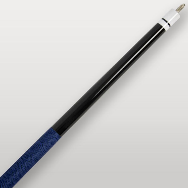 Zoom sur la poignée bleue en lin irlandais de la queue de billard mixtes 2 pièces.