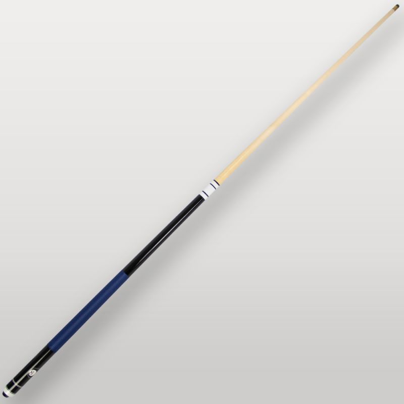 Queue de billard mixtes 2 pièces bleue vue complète, modèle en érable avec poignée bleue antidérapante.