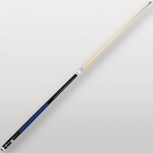 Queue de billard mixtes 2 pièces bleue vue complète, modèle en érable avec poignée bleue antidérapante.