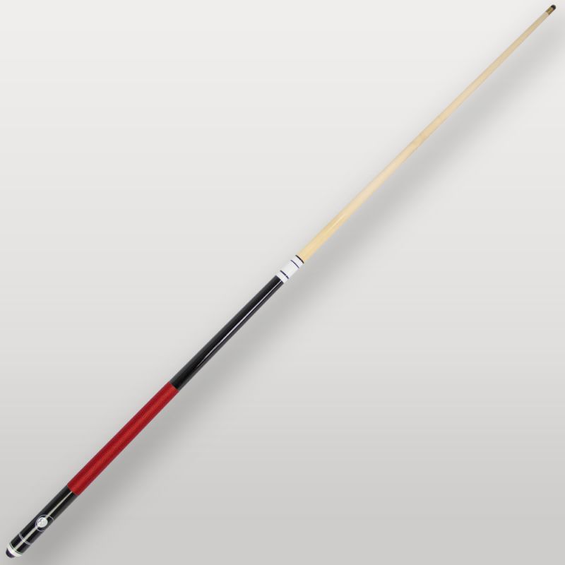 Queue de billard Ramin 2 pièces rouge vue complète, modèle mixte avec poignée rouge en lin irlandais.