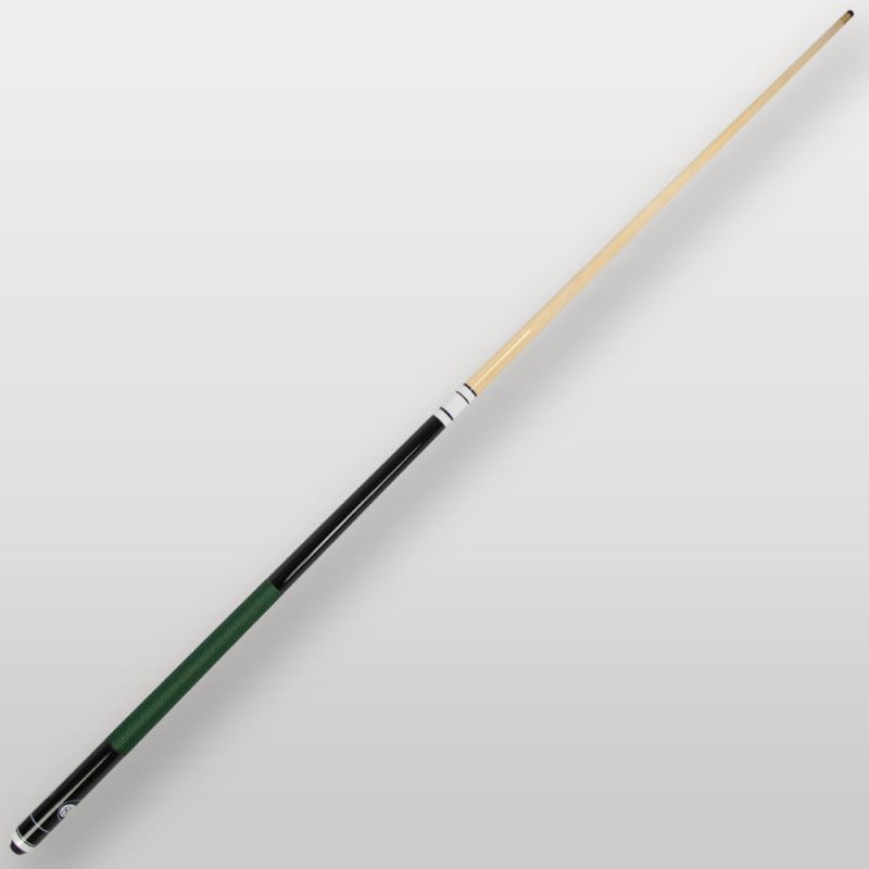 Queue de billard Ramin 2 pièces verte vue complète, modèle mixte avec poignée verte antidérapante.