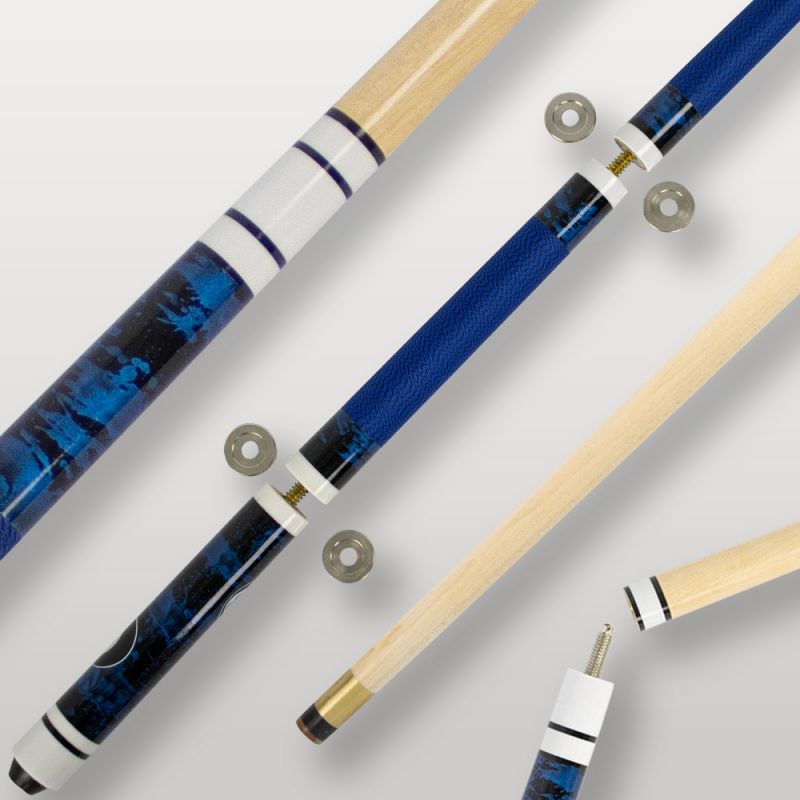 Image de couverture de la queue de billard 4 parties bleu, modèle design et démontable.