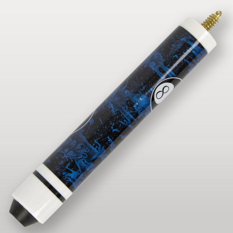 Détail du talon de la queue de billard 4 parties bleu, finition brillante avec logo 8.