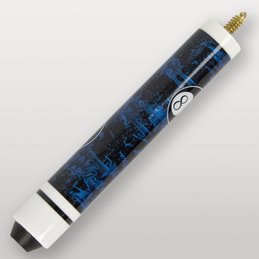 Détail du talon de la queue de billard 4 parties bleu, finition brillante avec logo 8.