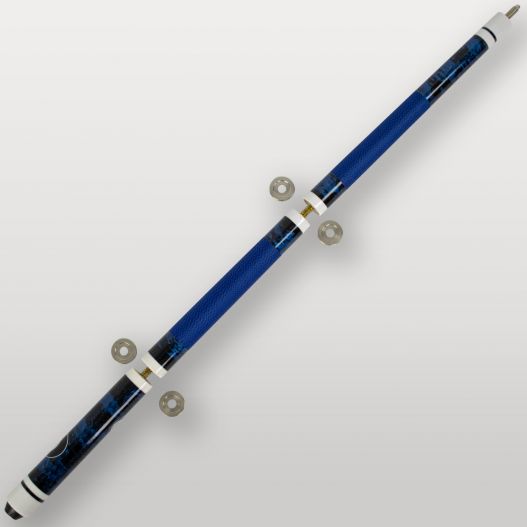 Fût complet de la queue de billard 4 parties bleu, design noir et bleu avec bagues décoratives.