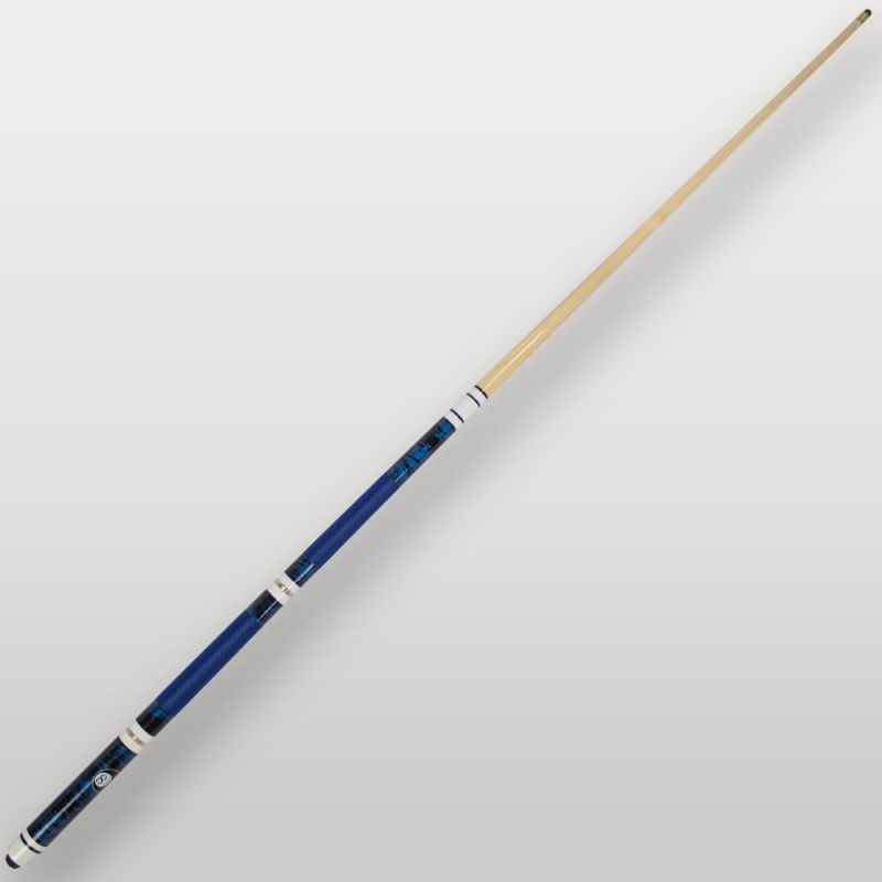 Queue de billard 4 parties bleu vue complète, modèle démontable avec poignée bleue texturée.